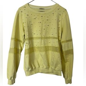 Noshua yellow crew neck sweatshirt pearls & sheer embellishments Made in Italy